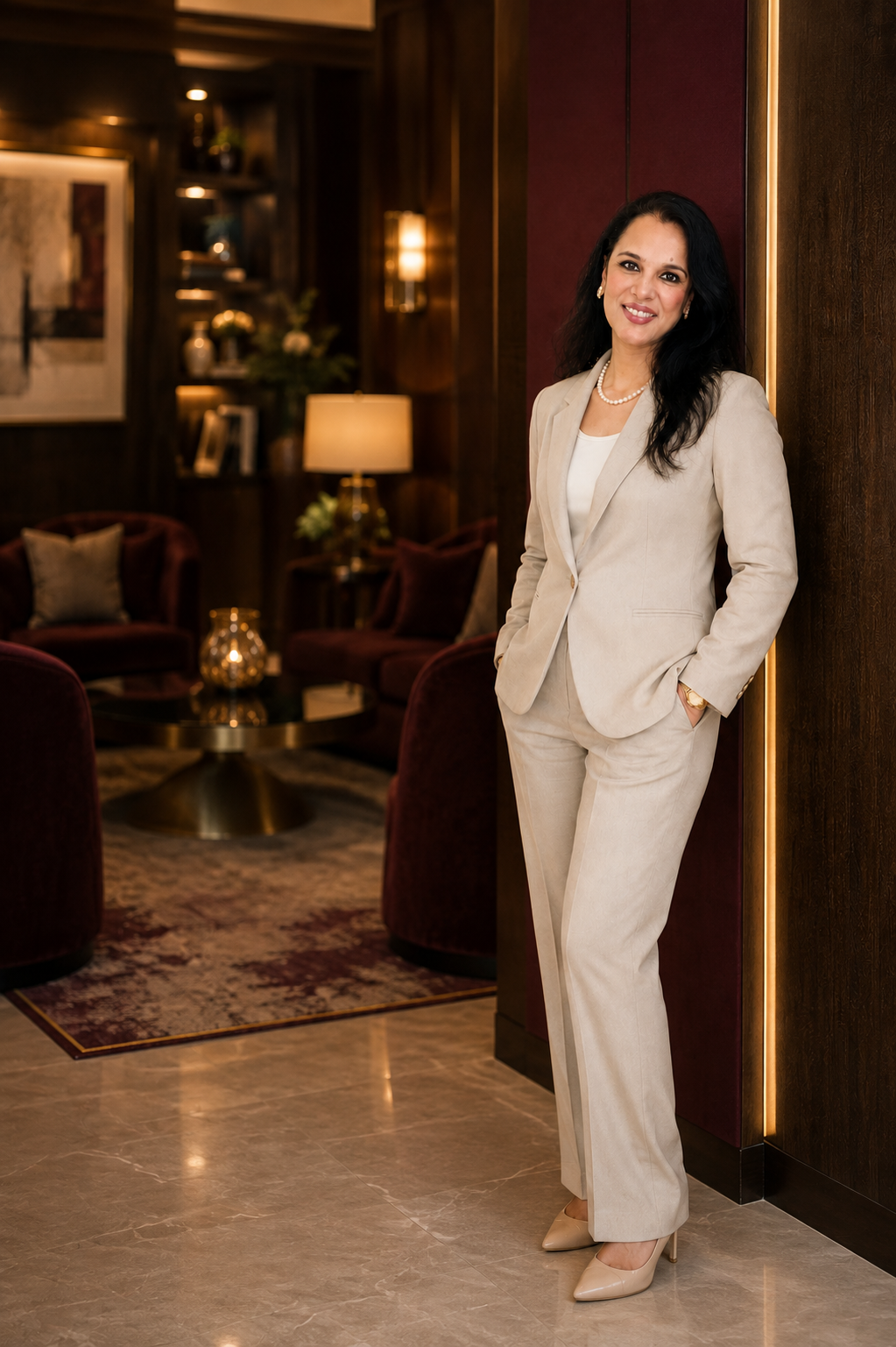 Kavita Singhal standing in a luxury lounge in a cream suit