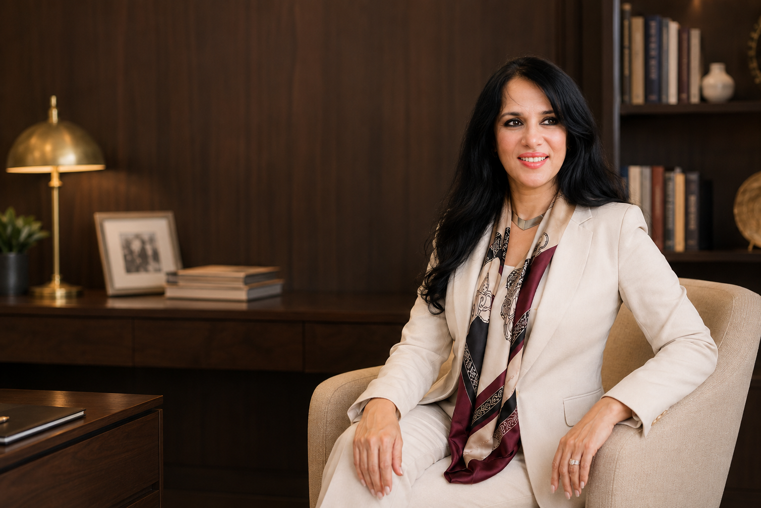 Kavita Singhal seated in a luxurious lounge wearing a cream suit with a patterned scarf